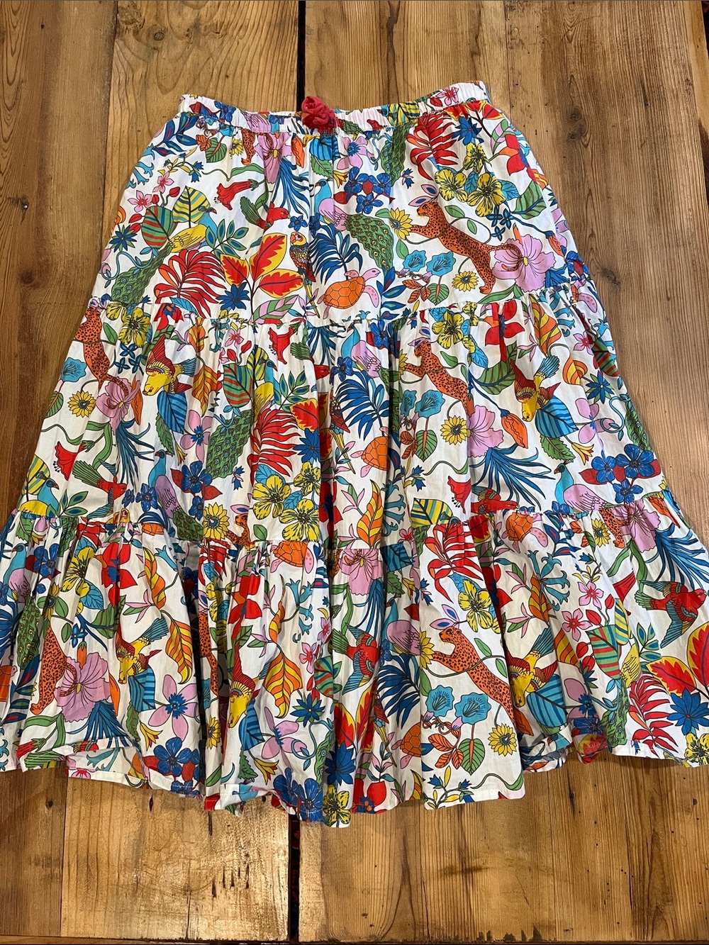 MINI BODEN 11-12 Colorful Floral & Fauna Printed Tiered Skirt Lined